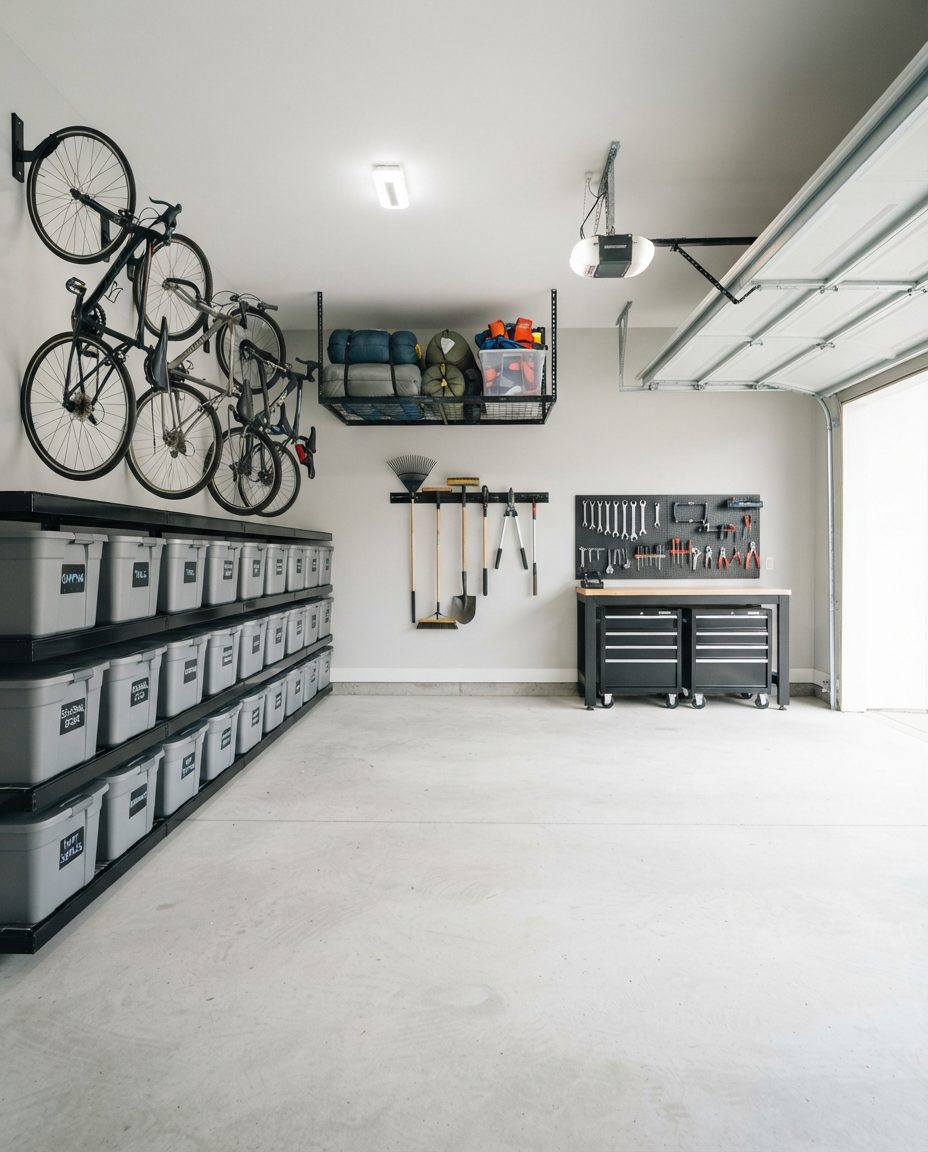 The same Vancouver double garage after professional decluttering, with labelled sealed bins on steel shelving, wall-mounted bikes and a completely clear floor
