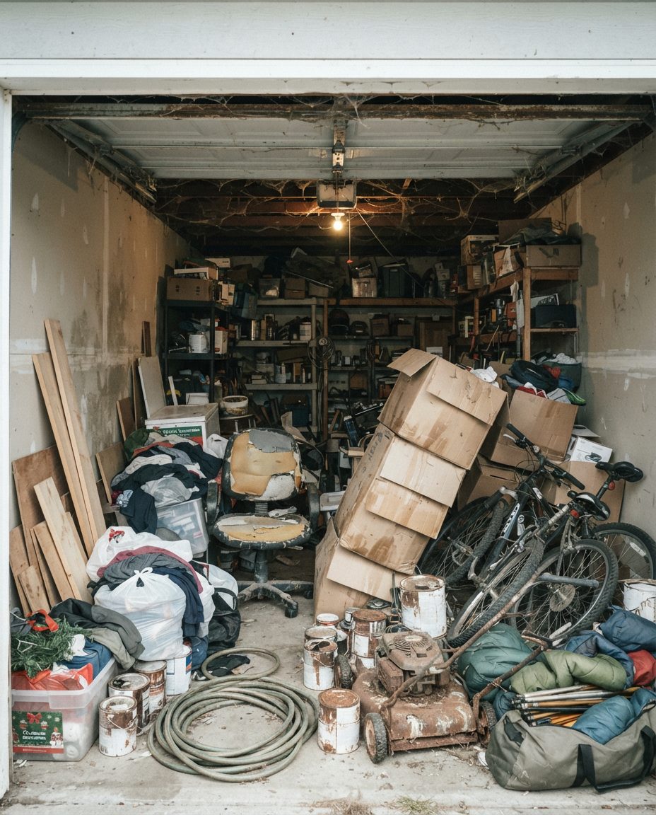 Cluttered Vancouver double garage packed floor to ceiling with cardboard boxes, bikes, paint tins and stored belongings