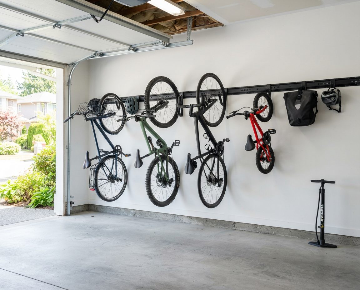 Four bicycles wall-mounted on a black rail system in a Vancouver garage, all lifted clear of the concrete floor