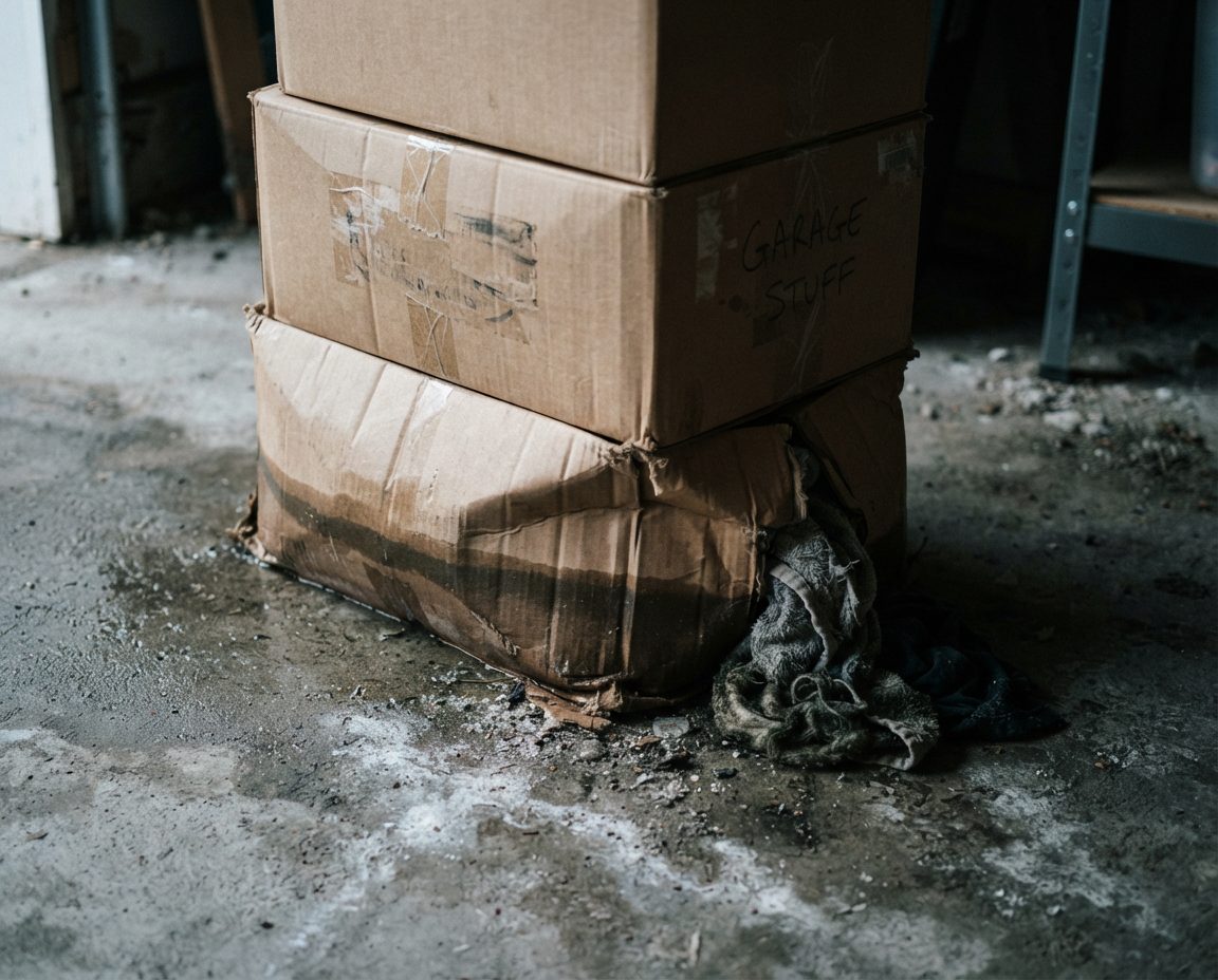 Cardboard boxes marked Garage Stuff collapsing on a damp Vancouver garage floor, the bottom box swollen and water-stained with fabric spilling out
