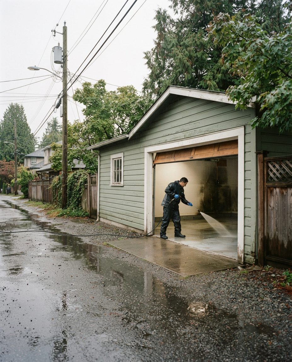 GarageScape technician pressure washing a detached back-lane garage in Vancouver BC on a wet overcast day