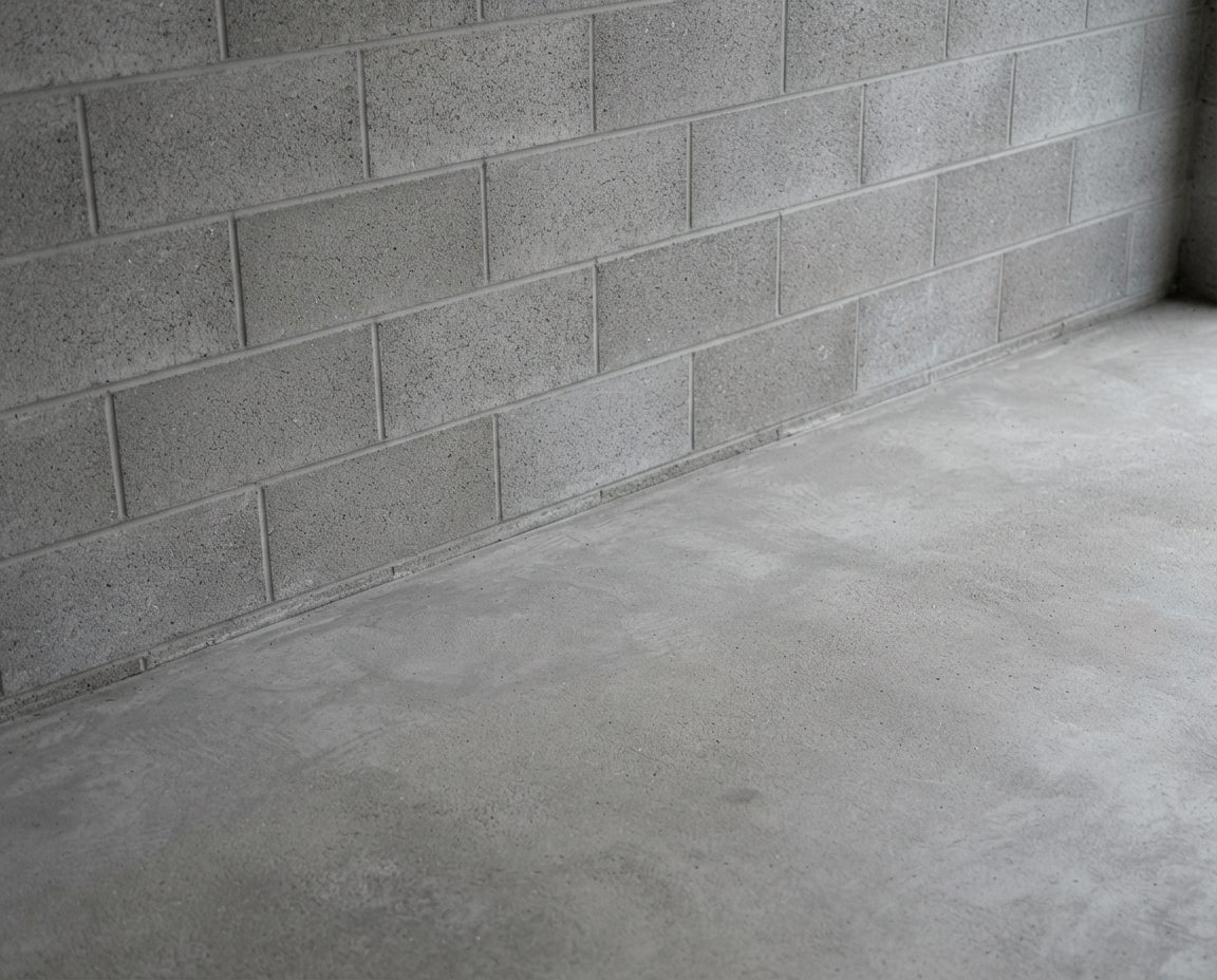 Clean concrete block wall and garage slab after efflorescence removal and full neutralisation