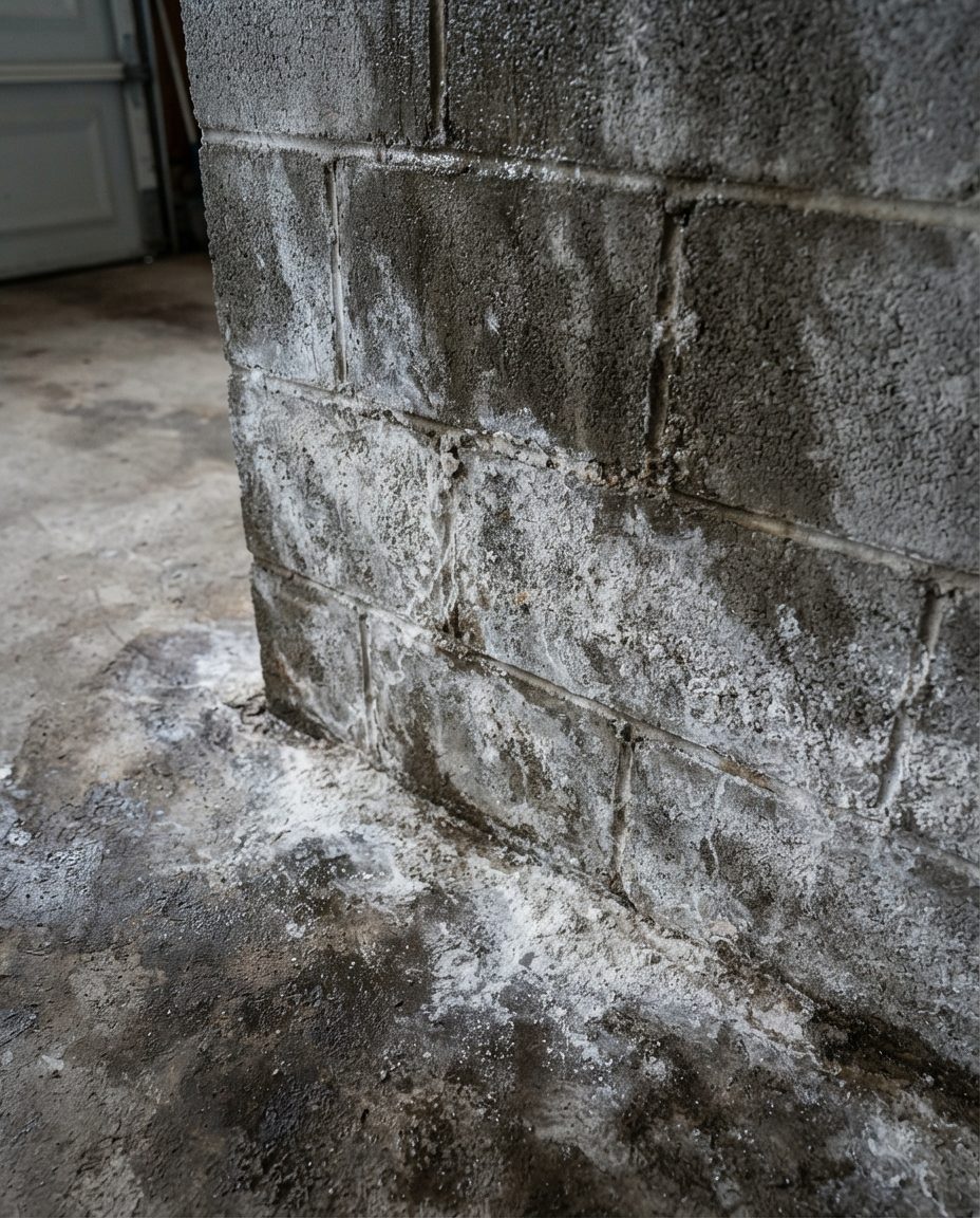 Heavy white efflorescence salt deposits on a concrete block wall and garage slab in Vancouver