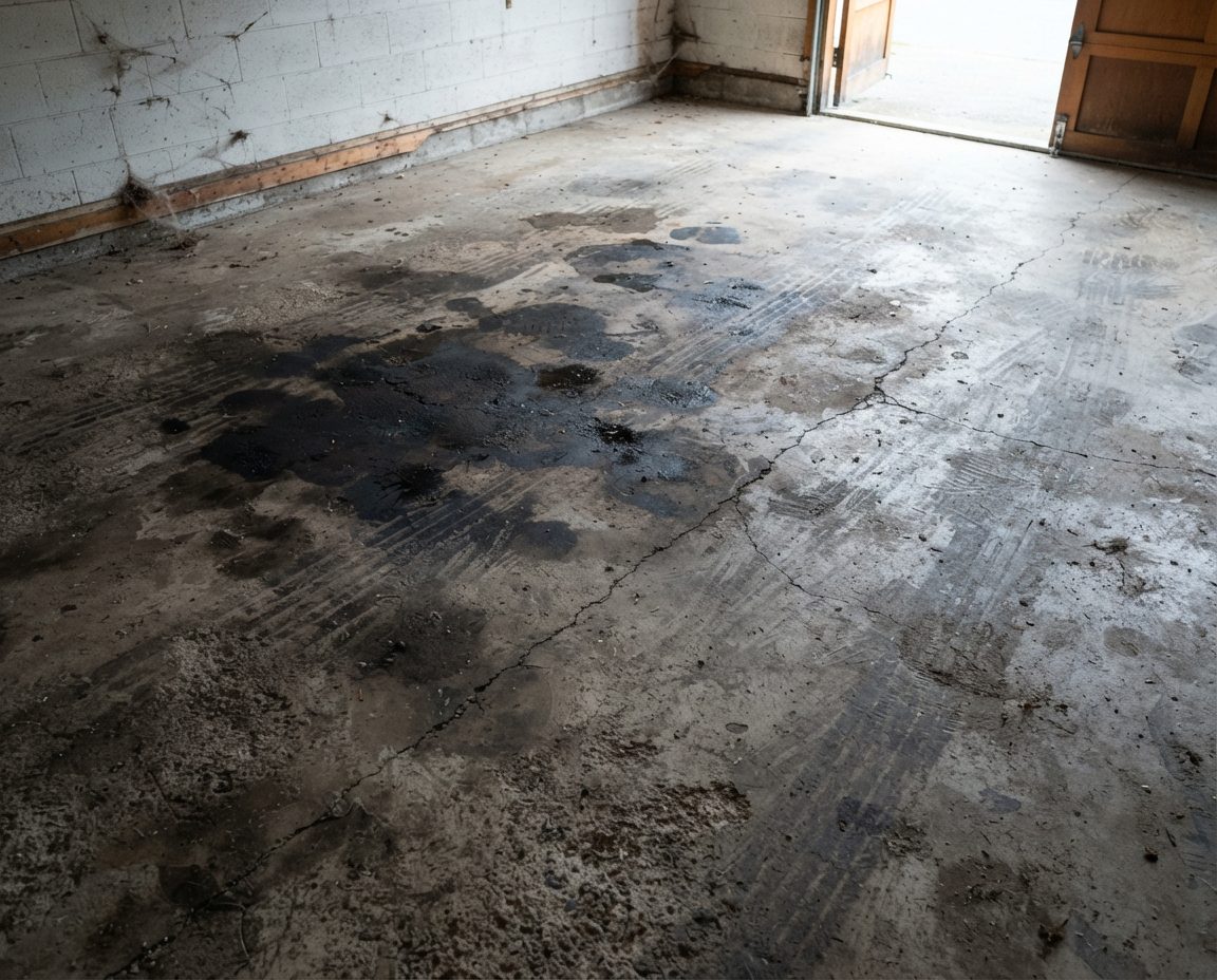 Vancouver garage concrete floor heavily stained with motor oil, tyre rubber and grime before professional cleaning