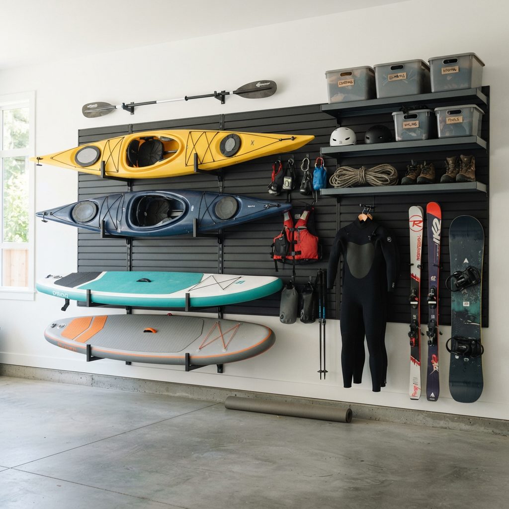 Vancouver garage gear wall with two kayaks, paddleboards, skis, a snowboard and a wetsuit stored on a black slatwall system above a clean concrete floor