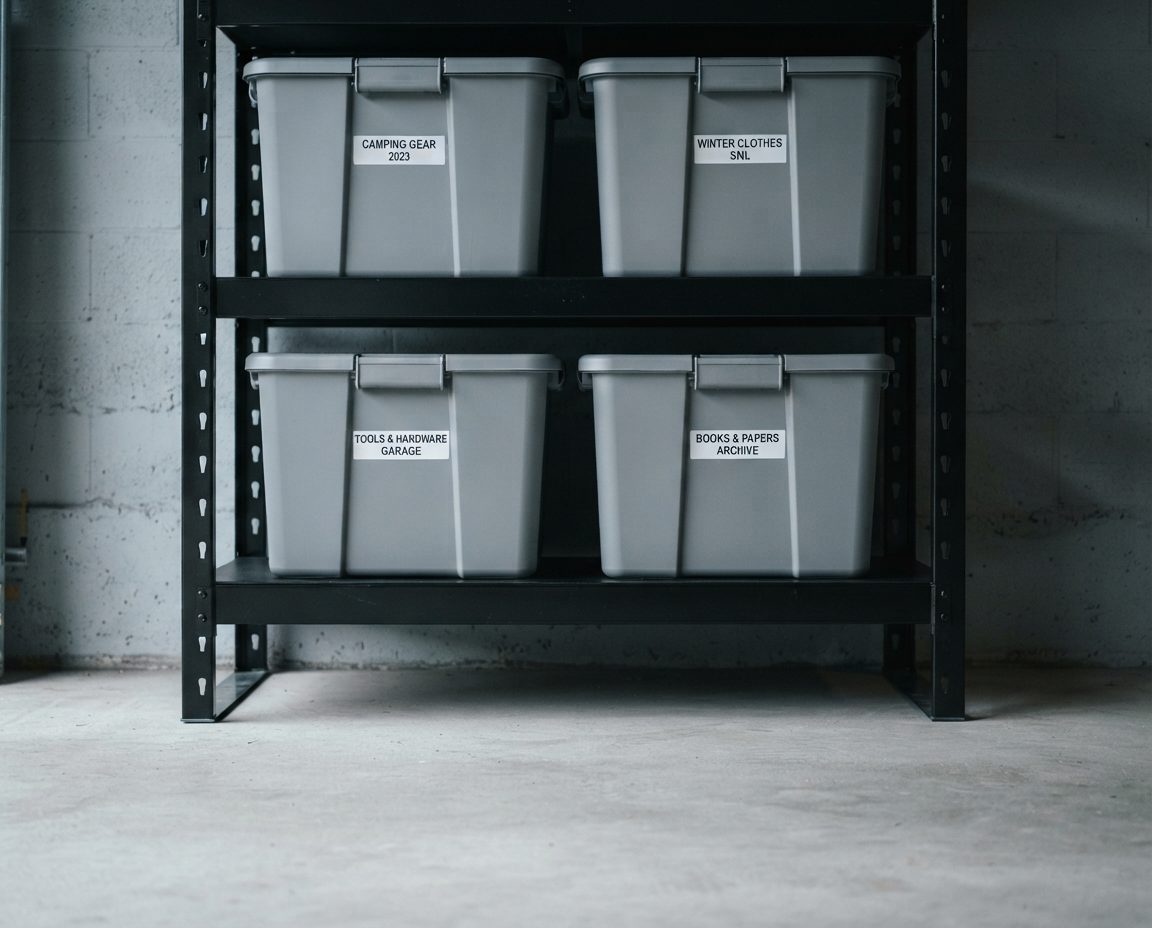 Gasketed opaque grey storage bins with printed labels on black steel shelving raised clear of a Vancouver garage concrete floor