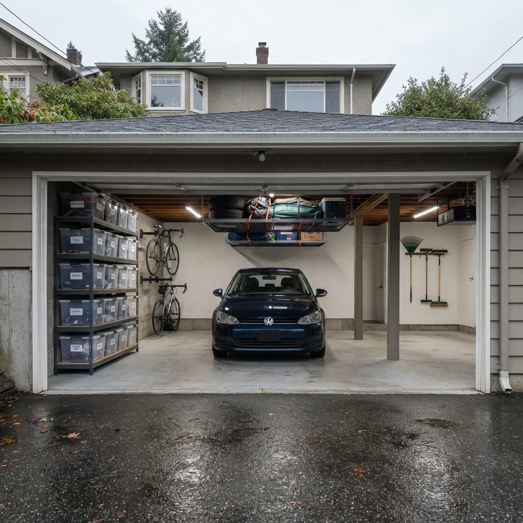The same West Vancouver garage after a full estate clearance and organisation, with the car parked inside and labelled storage on shelving