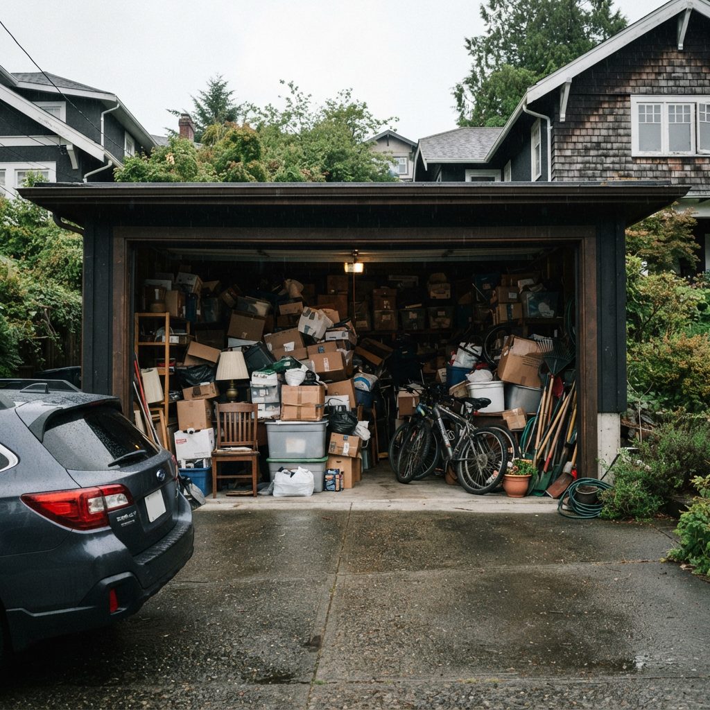 West Vancouver garage filled wall to wall with decades of stored boxes and belongings before an estate clearance