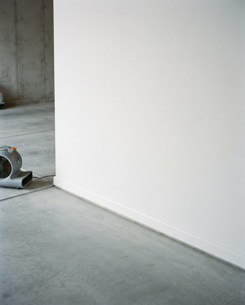 The same garage wall base and slab after cleaning, with an air mover force-drying the space