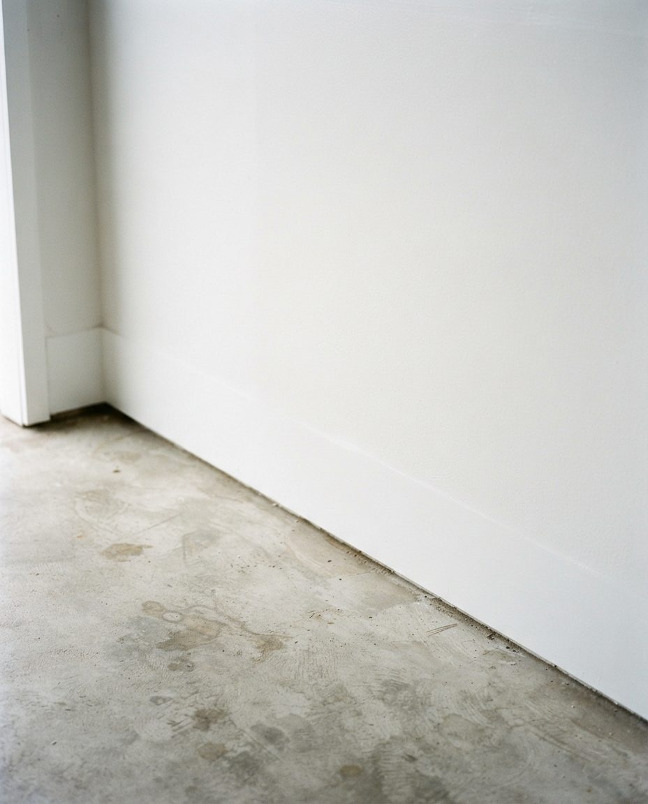 Grimy stained concrete slab meeting the base of a garage wall before cleaning and dry-down