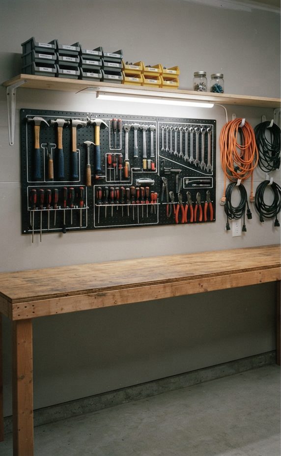 Organised garage workbench with a clear surface, tools hung in outlined positions on black pegboard, labelled parts bins on a shelf and coiled cords on hooks