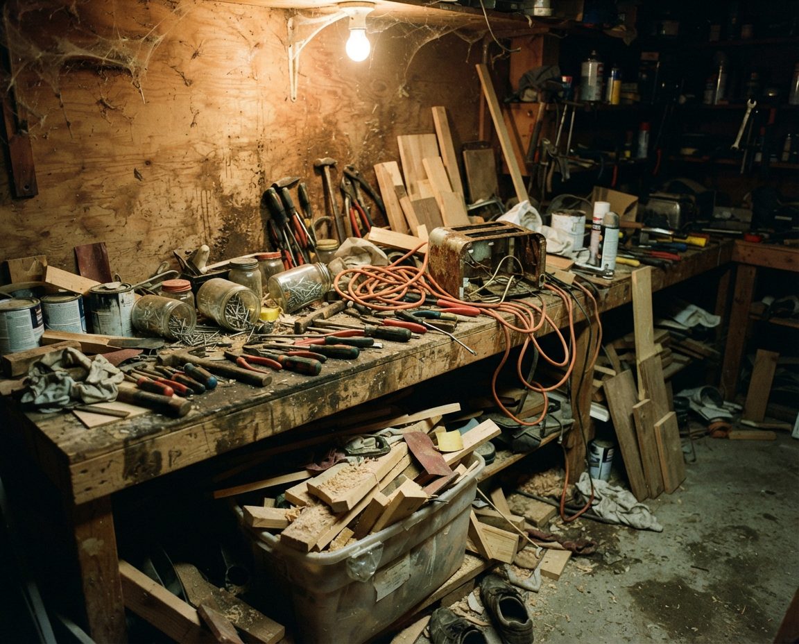 Chaotic garage workbench buried under loose hand tools, jars of screws, tangled cords, sawdust and timber offcuts under a bare bulb