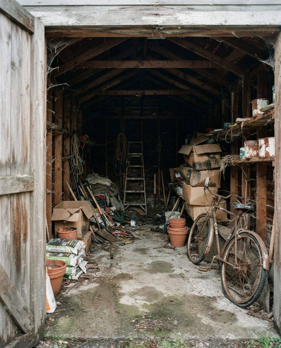 Old Vancouver back-lane garage packed with decades of contents before clearing for a laneway house build