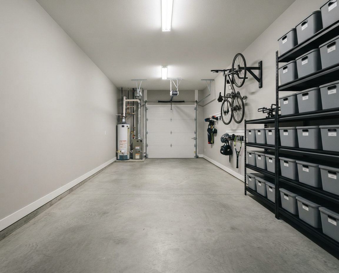 The same Coquitlam tandem garage organised with narrow-depth shelving, labelled bins, wall-mounted bike and clear mechanical access