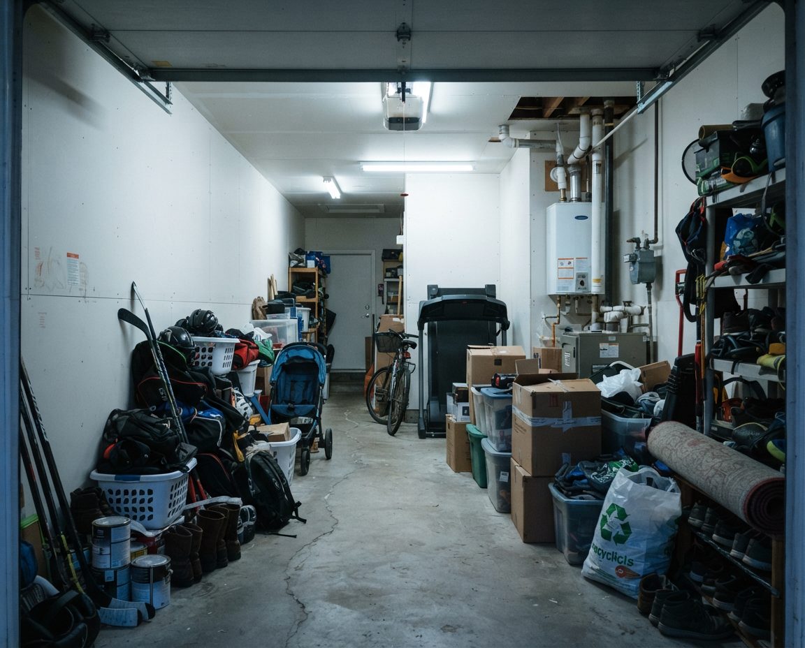 Cluttered tandem townhouse garage in Coquitlam BC packed with family sports gear, boxes and bikes blocking the furnace